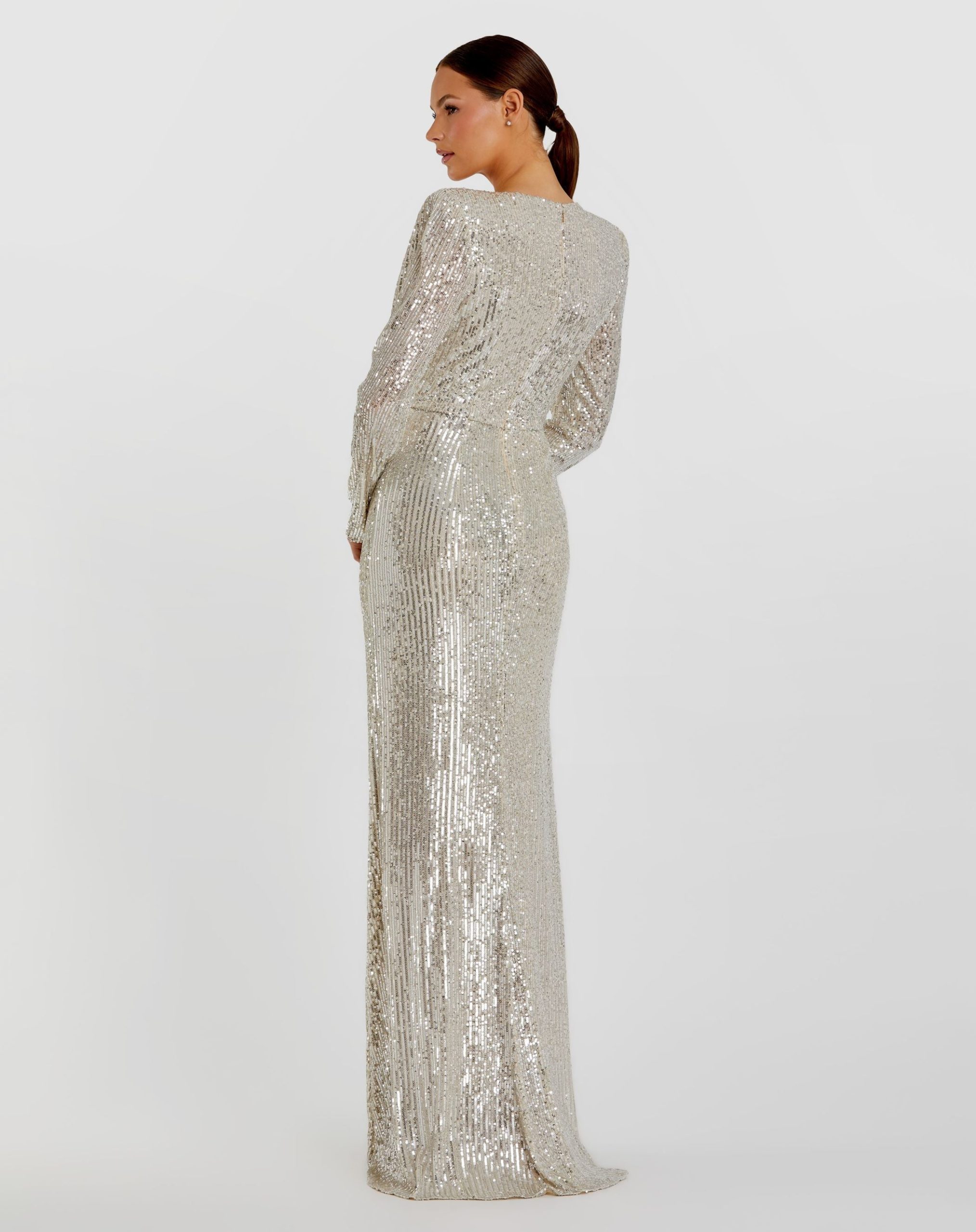 Silver Sequined Long Sleeve Faux Wrap Ruched Gown - Image 3