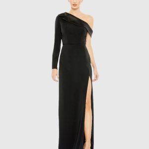 Black Long Sleeve Drop Shoulder Evening Gown