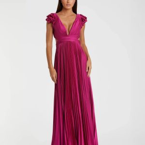 Pleated Ruffled Cap Sleeve Cut Out Lace Up Gown