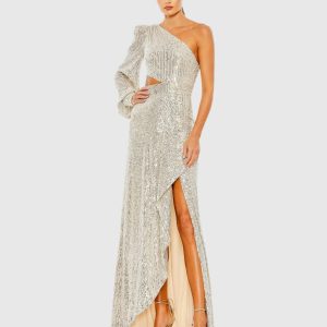 Sequined One Shoulder Cut Out Gown
