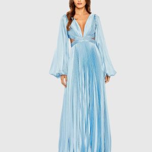 Blue Long Sleeve Pleated Charmeuse Cut Out Gown
