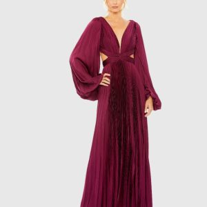 Red Long Sleeve Pleated Charmeuse Cut Out Gown