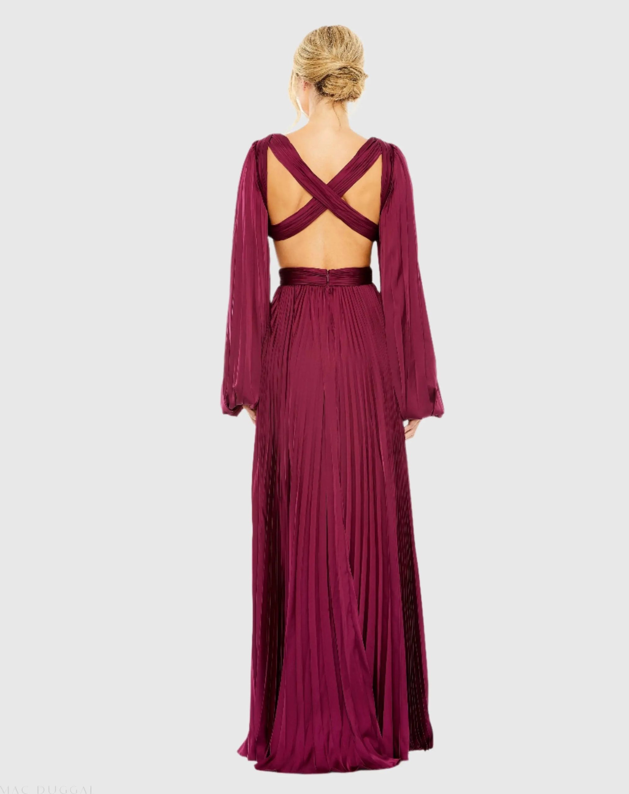 Red Long Sleeve Pleated Charmeuse Cut Out Gown - Image 2