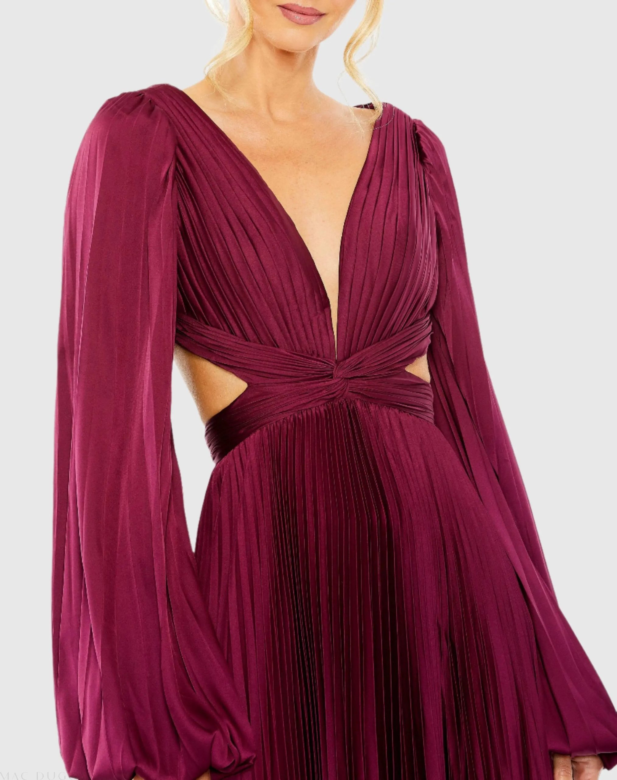 Red Long Sleeve Pleated Charmeuse Cut Out Gown - Image 3