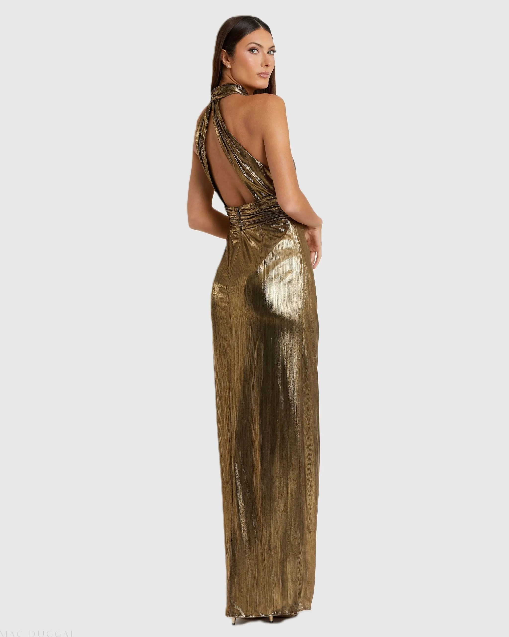 Gold Metallic Criss Cross Halter Neck Gown - FINAL SALE - Image 2