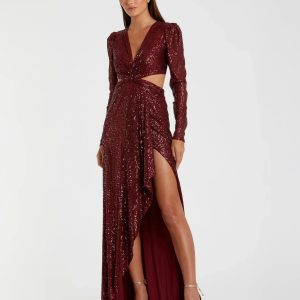 Sequined Criss Cross Long Sleeve Gown