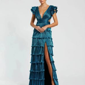 Blue Ruffle Tiered Criss Cross Lace Up Gown