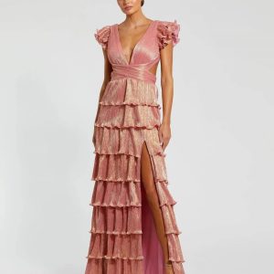 Pink Ruffle Tiered Criss Cross Lace Up Gown