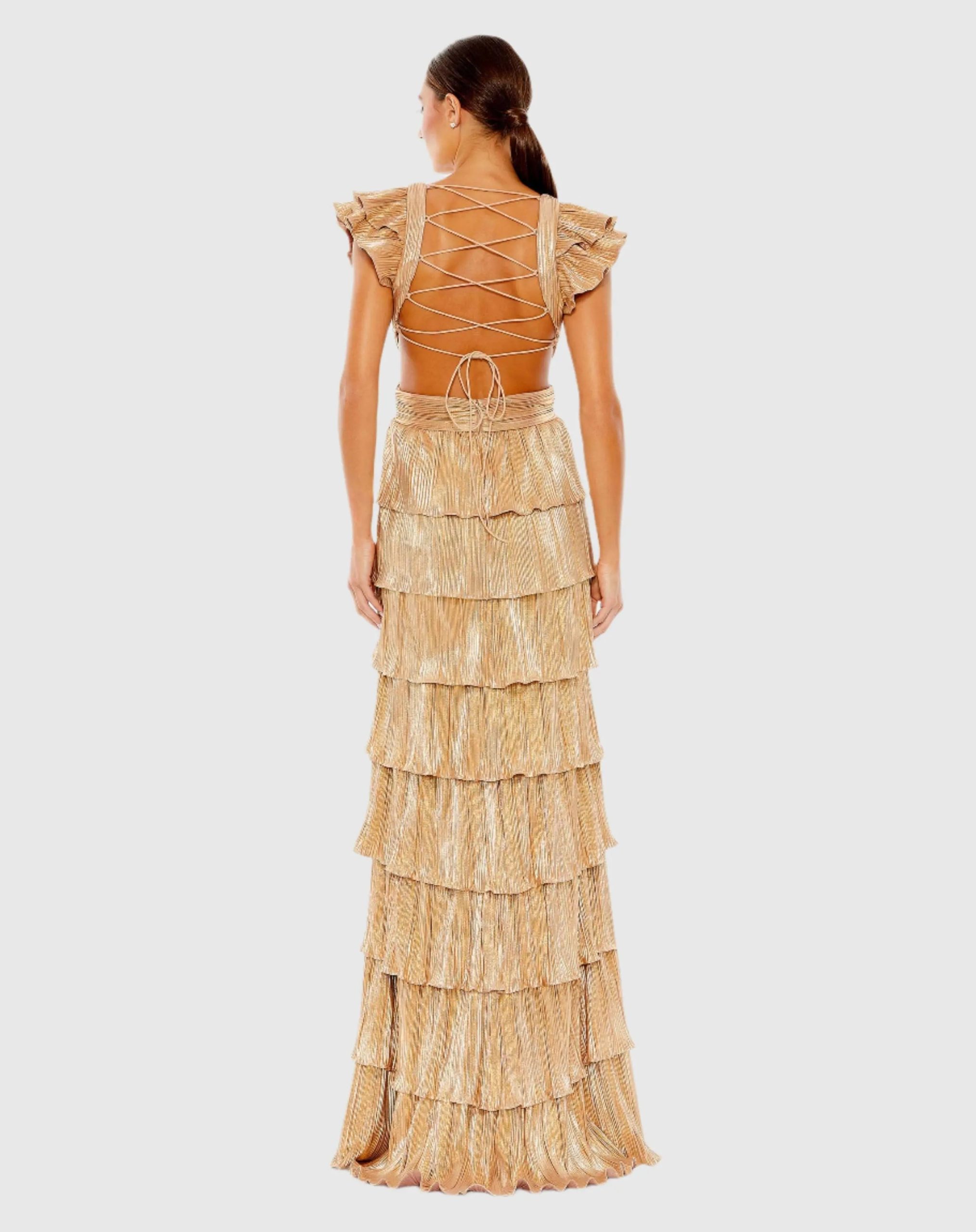 Gold Ruffle Tiered Criss Cross Lace Up Gown - Image 2