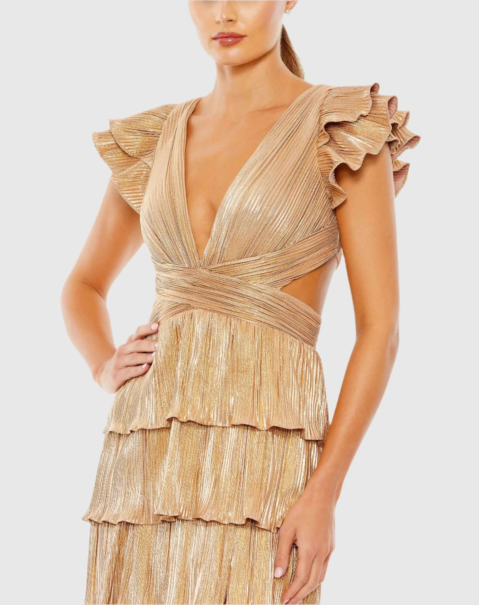 Gold Ruffle Tiered Criss Cross Lace Up Gown - Image 3
