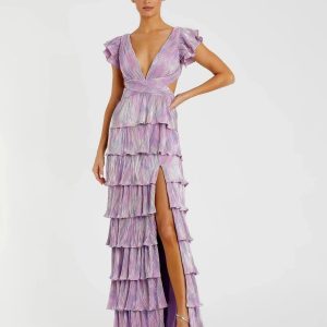 Purple Ruffle Tiered Criss Cross Lace Up Gown