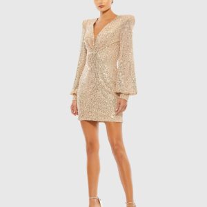 Gold Sequined Structured Bishop Sleeve Mini Dress