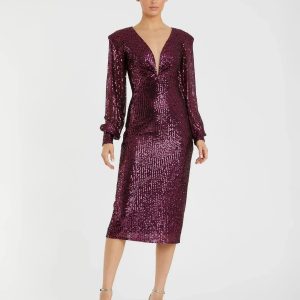 Sequined Structured Bishop Sleeve Midi Dress
