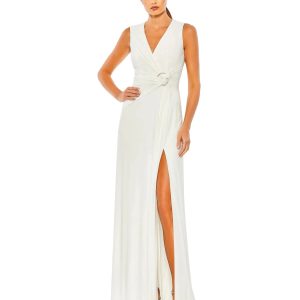 Draped Side Knot Jersey Gown w/ Rhinestone Ring
