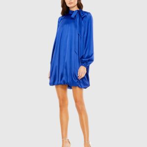 Blue High Neck Long Sleeve Bubble Hem Dress