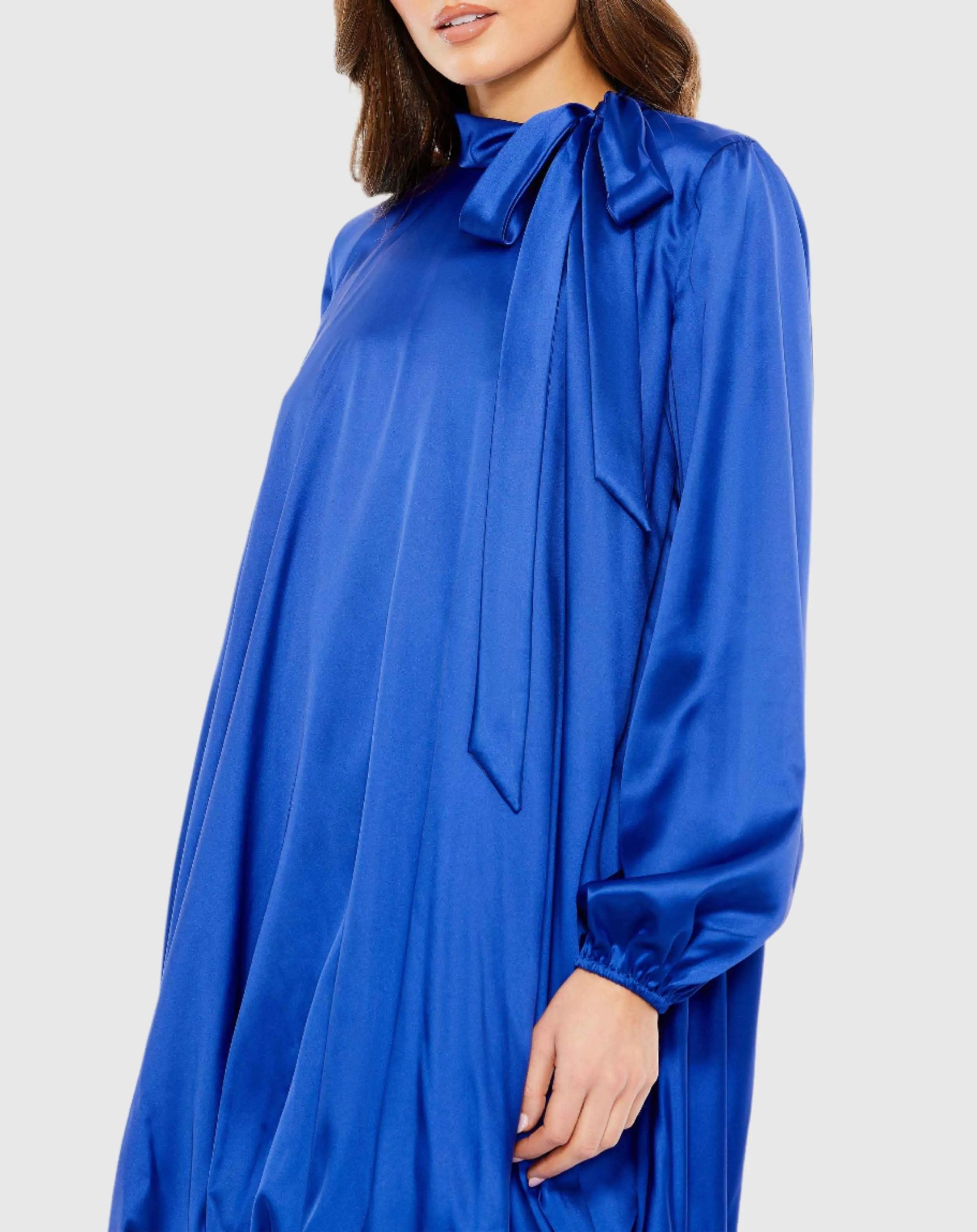 Blue High Neck Long Sleeve Bubble Hem Dress - Image 2