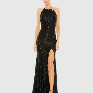 Black Sequined High Neck Rhinestone Trim Column Gown