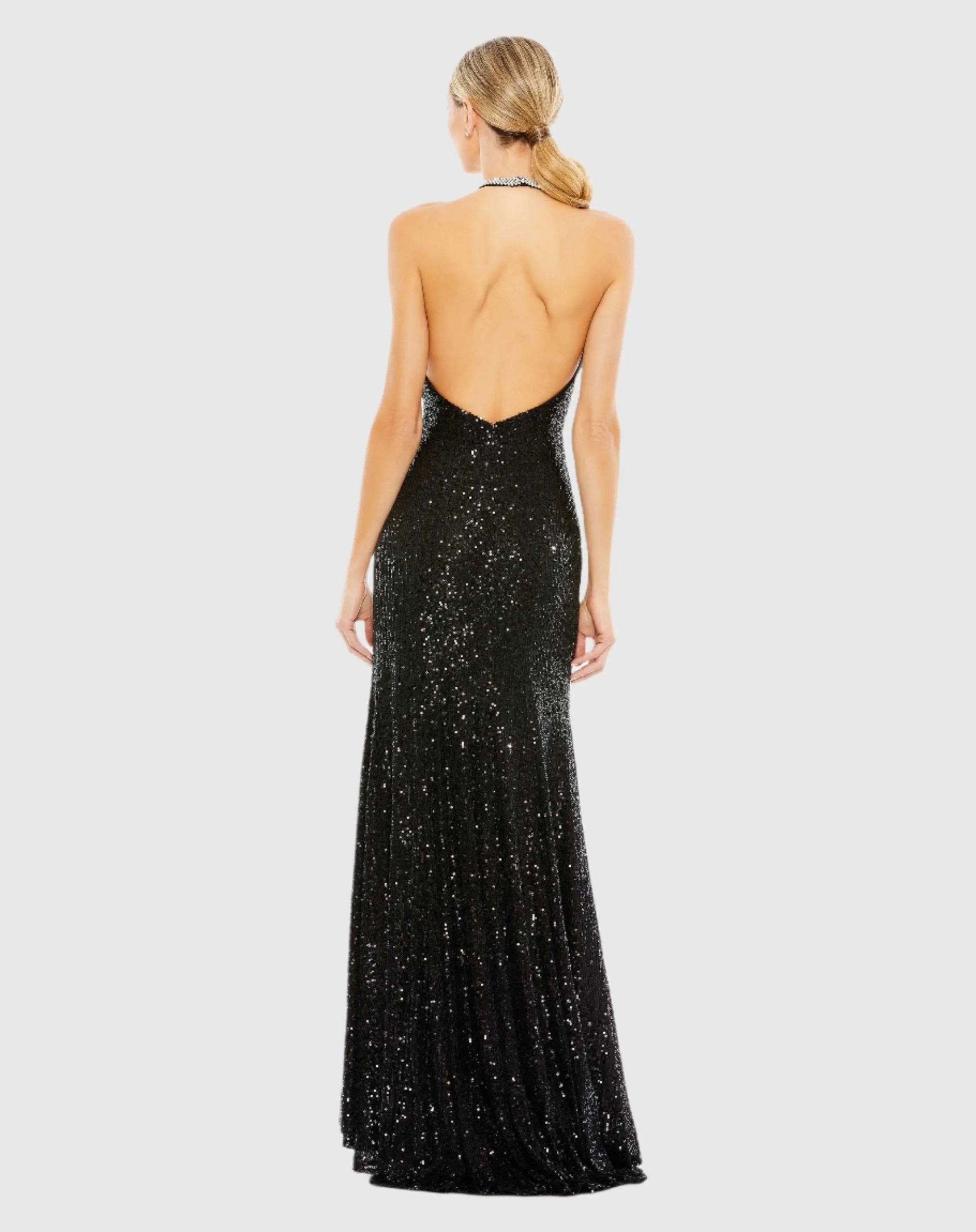 Black Sequined High Neck Rhinestone Trim Column Gown - Image 2