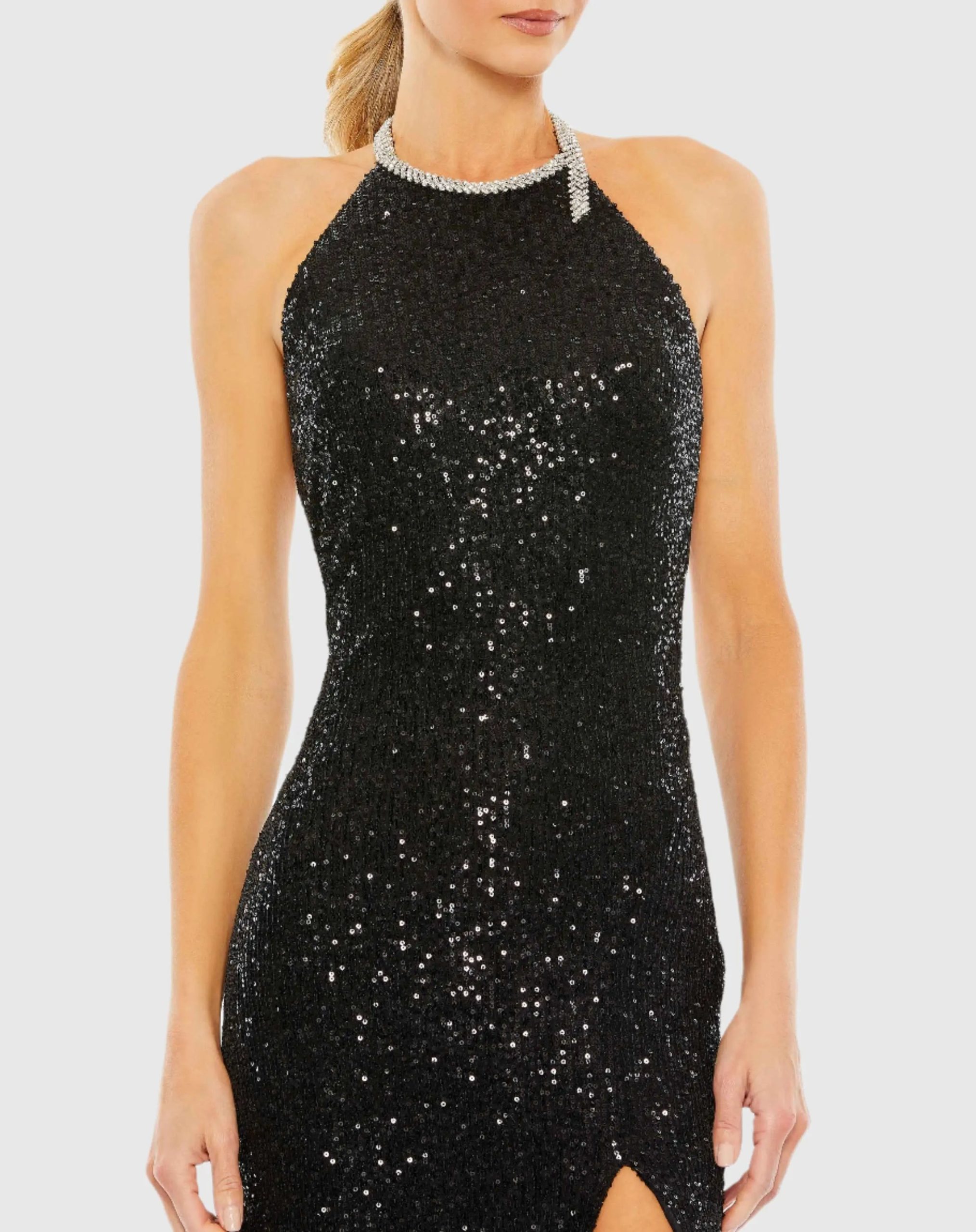 Black Sequined High Neck Rhinestone Trim Column Gown - Image 3