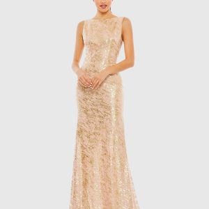 Pink Metallic Sequin Boat Neck Gown With Cowl Back
