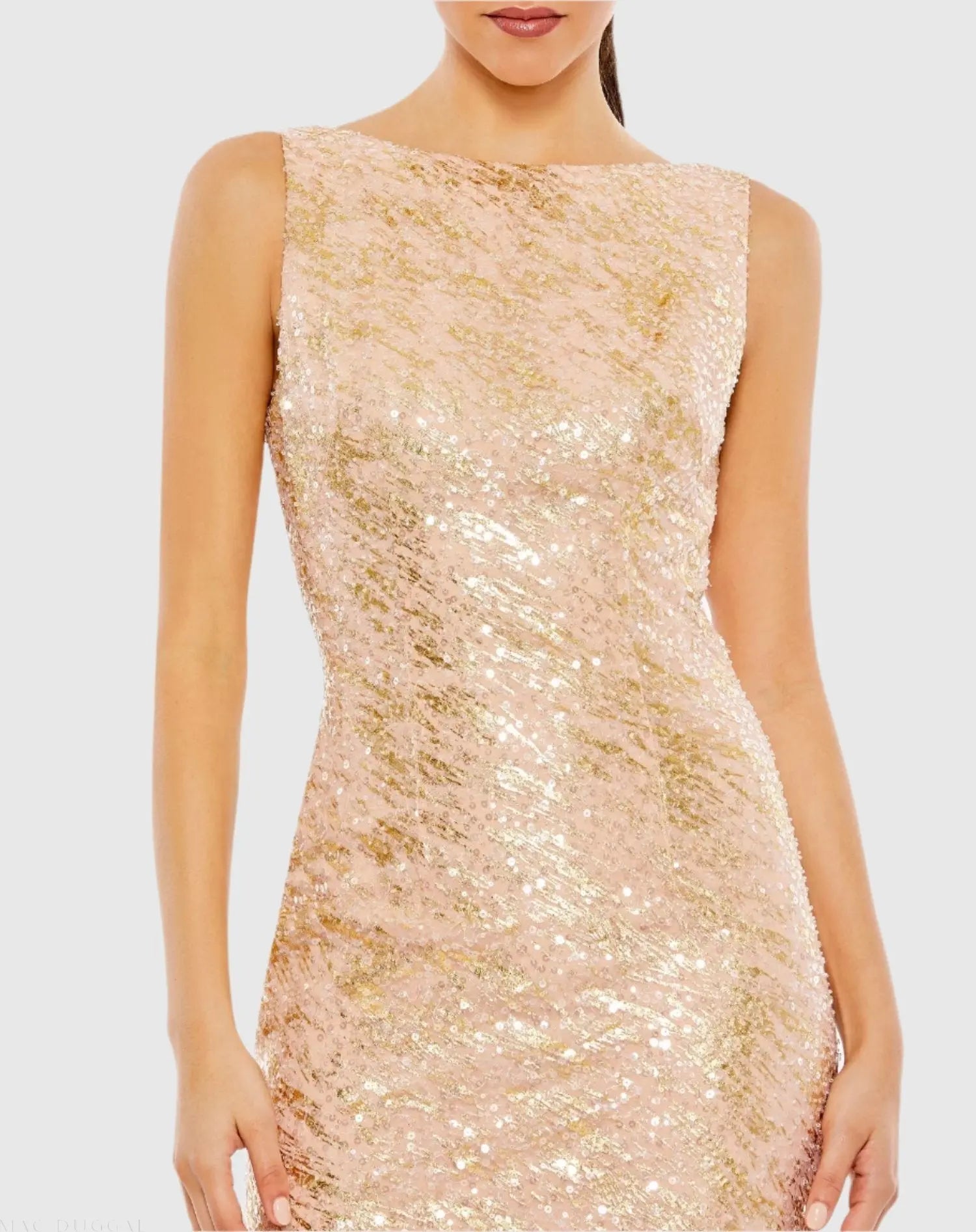 Pink Metallic Sequin Boat Neck Gown With Cowl Back - Image 3