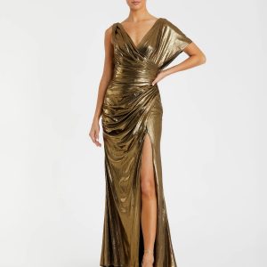 Gold Asymmetrical Draped Metallic Trumpet Gown