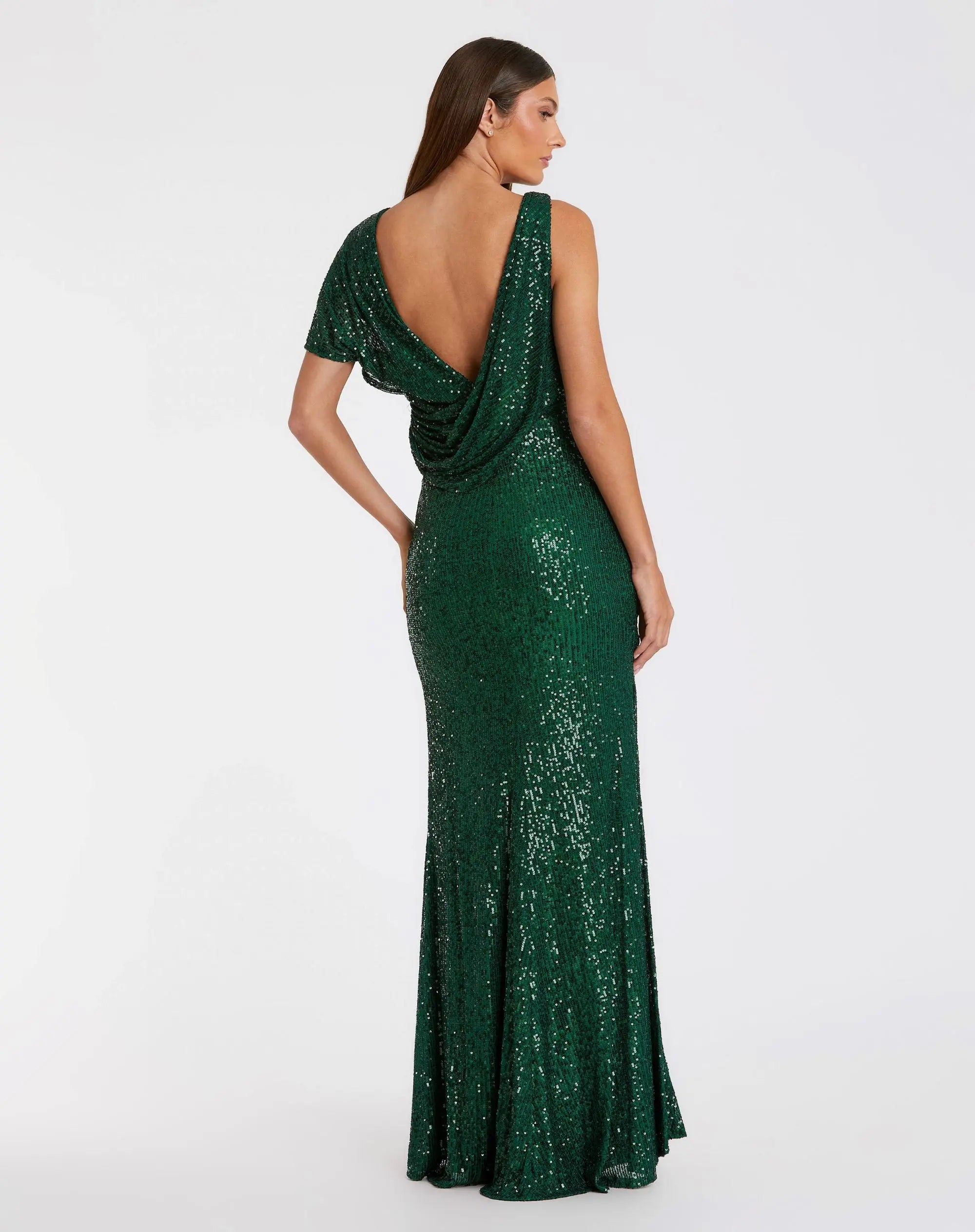 Green Sequined Asymmetrical Draped Trumpet Gown - Image 2