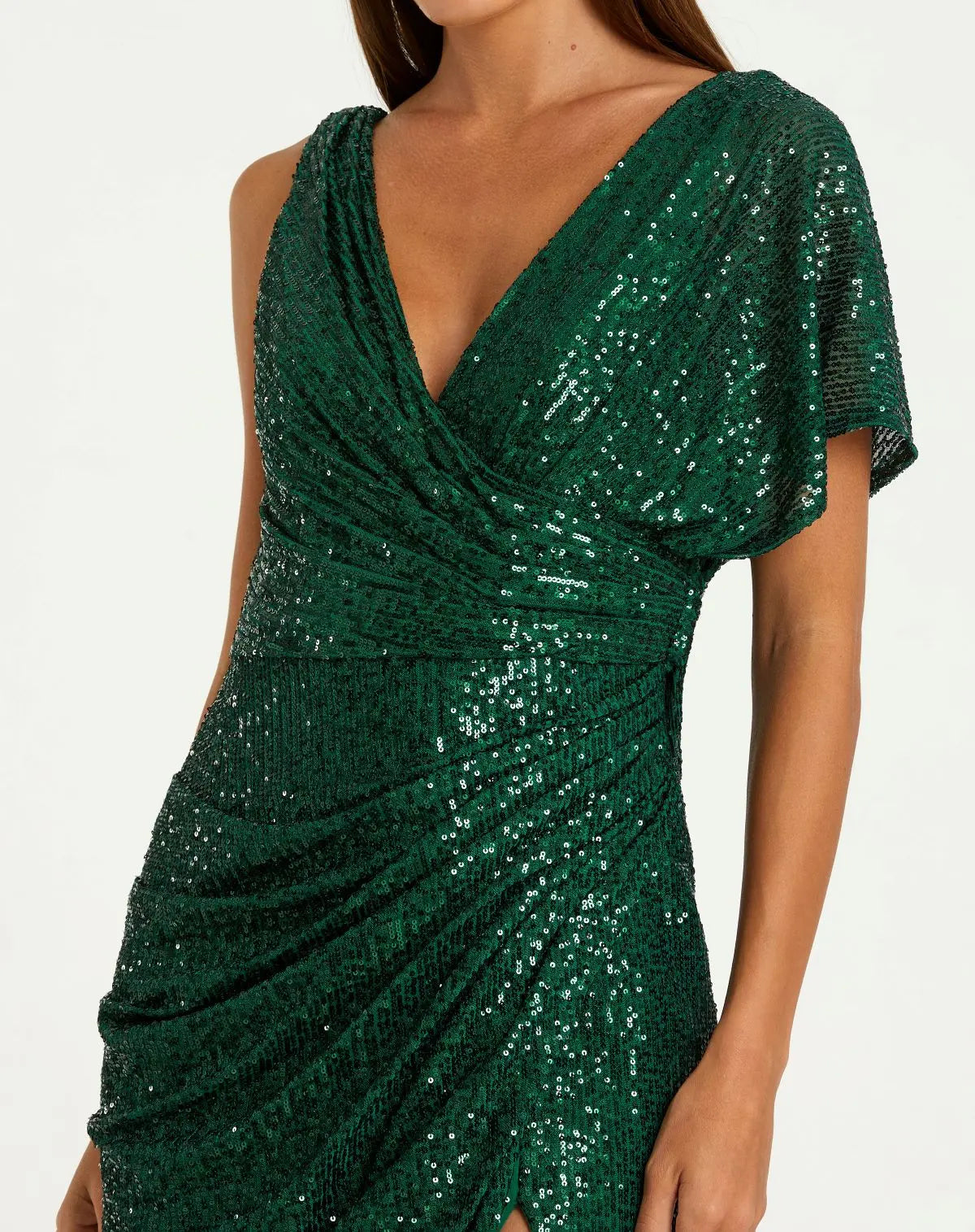Green Sequined Asymmetrical Draped Trumpet Gown - Image 3