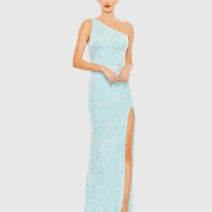 Blue Sequined One Shoulder Draped Back Gown
