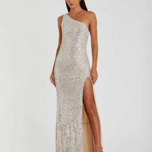 Silver Sequined One Shoulder Draped Back Gown