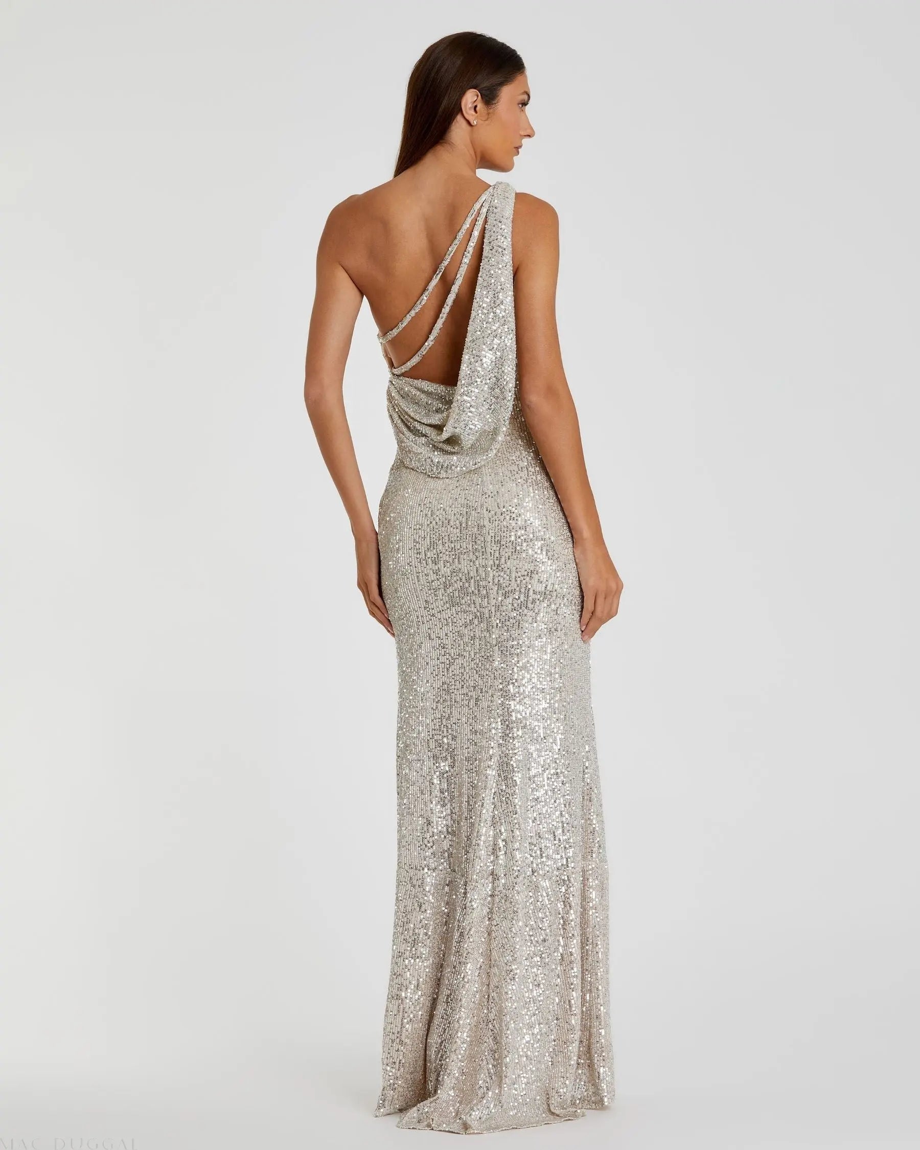 Silver Sequined One Shoulder Draped Back Gown - Image 3