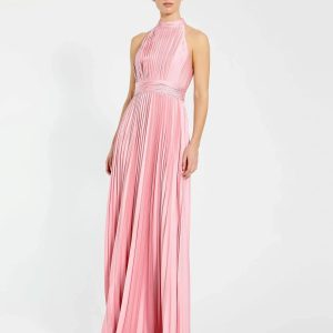 Pink Sleeveless Halter Neck Pleated Satin Gown