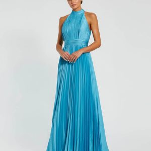 Blue Sleeveless Halter Neck Pleated Satin Gown