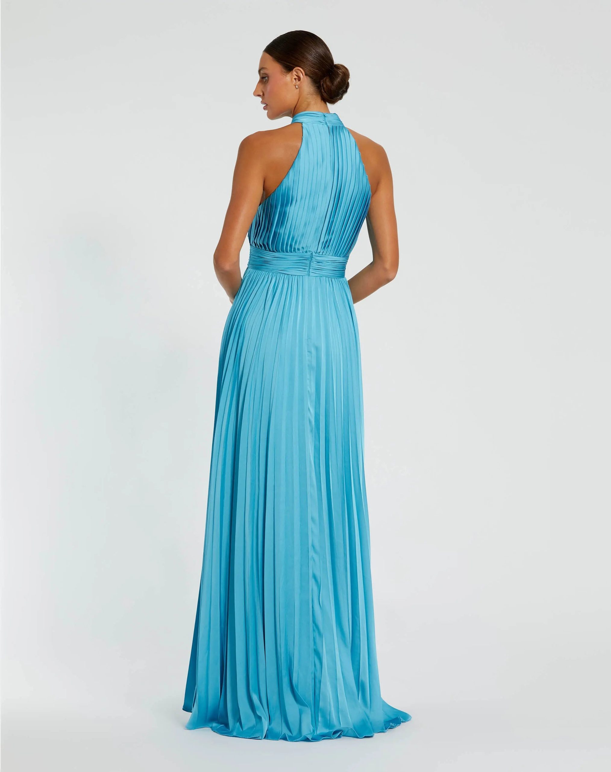 Blue Sleeveless Halter Neck Pleated Satin Gown - Image 3