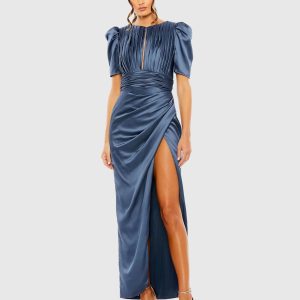 Blue Puff Sleeve Pleated Bodice Draped Gown