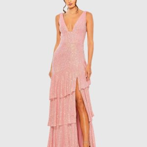 Pink Sequin Asymmetrical Ruffle Tiered Gown
