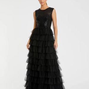 Black Ruffle Tiered High Neck Sequined Gown