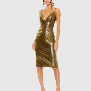 Gold Metallic V Neck Midi Dress
