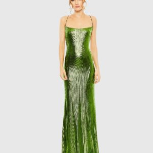 Green Metallic Corset Back Column Gown - FINAL SALE