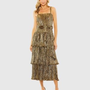 Dark Gold Ruffle Tiered Buckle Detail Dress - FINAL SALE