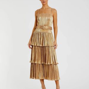 Gold Ruffle Tiered Buckle Detail Dress - FINAL SALE