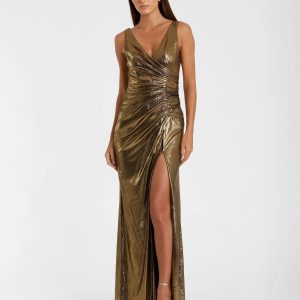Gold Metallic Ruched Front Slip V-Neck Gown