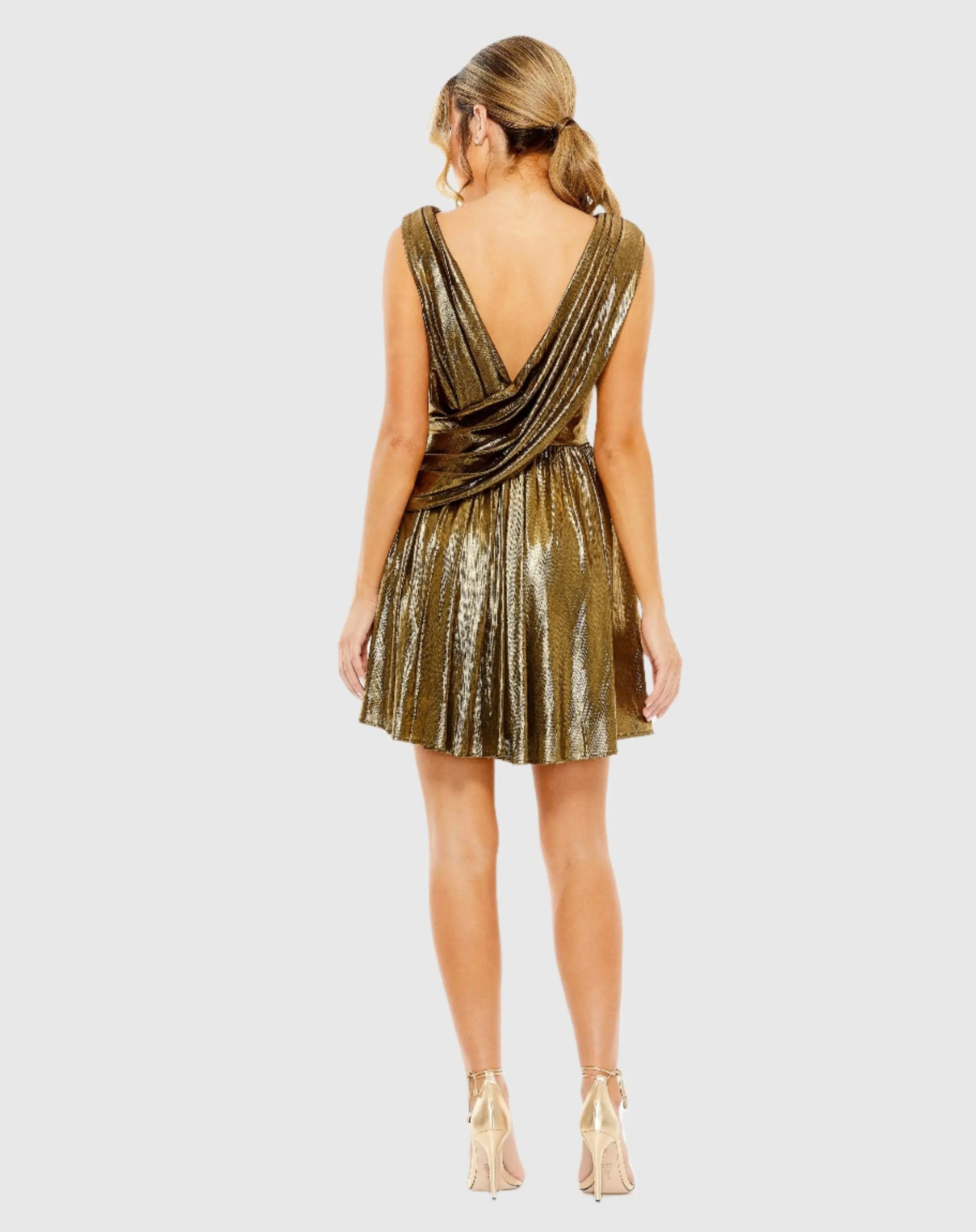Gold Sleeveless Cowl Detail A Line Mini Dress - Image 3