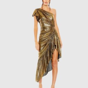 One Shoulder Flutter Sleeve High Low Dress
