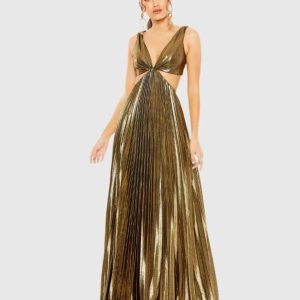 Gold Pleated Metallic Cutout Gown