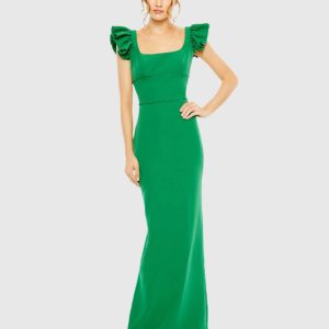 Green Ruffle Cap Sleeve Open Back Column Gown