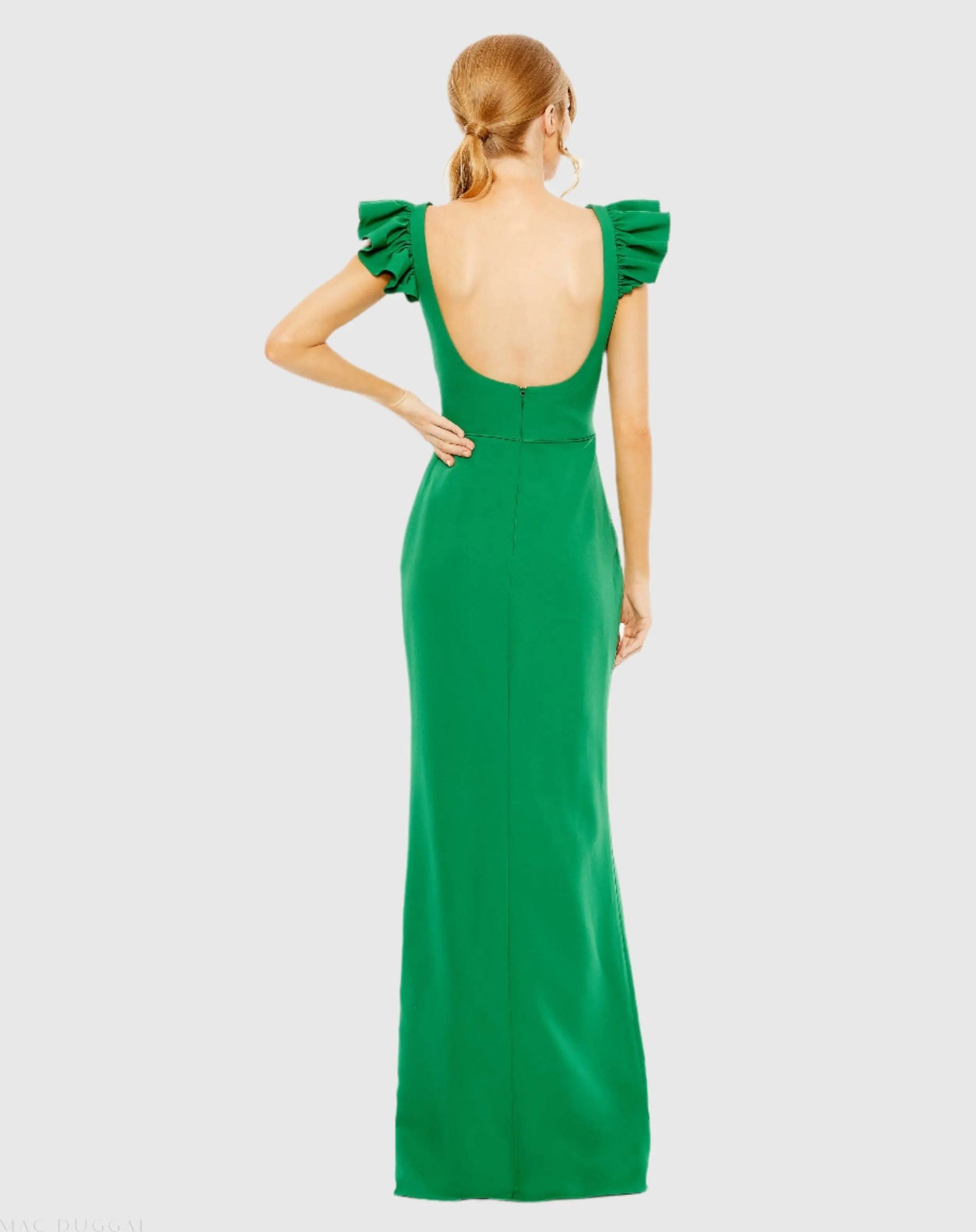 Green Ruffle Cap Sleeve Open Back Column Gown - Image 2