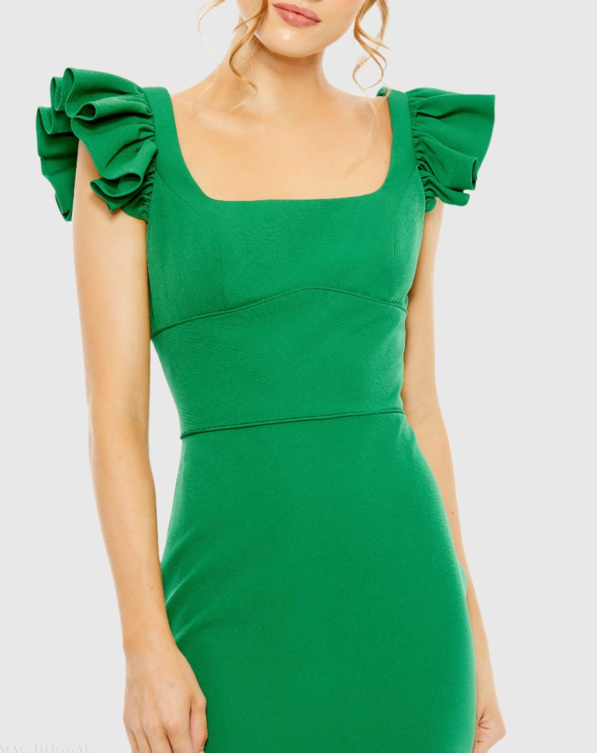 Green Ruffle Cap Sleeve Open Back Column Gown - Image 3