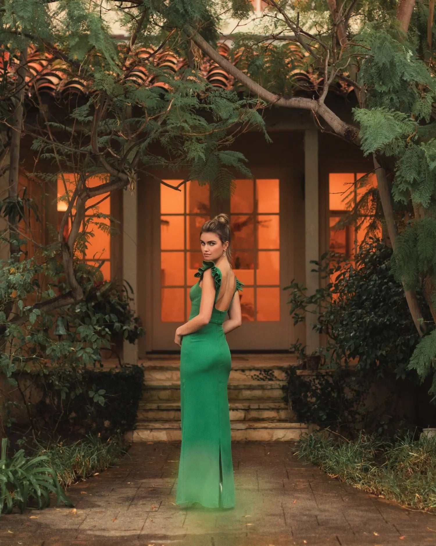 Green Ruffle Cap Sleeve Open Back Column Gown - Image 6