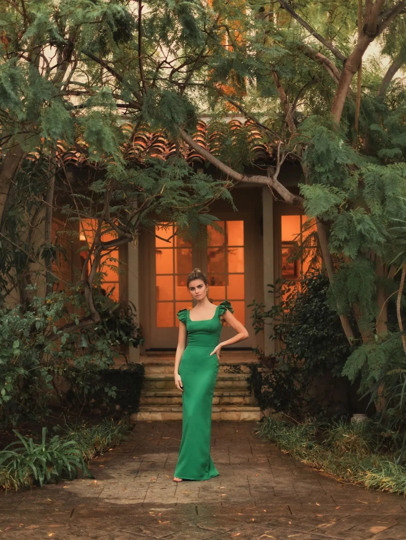 Green Ruffle Cap Sleeve Open Back Column Gown - Image 4